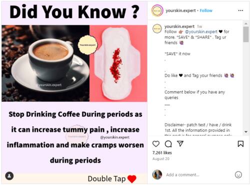 Instagram post claiming coffee can cause delay period and worsen pain and inflammation